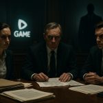 "Rättssal med fokus på juridisk tvist kring Evolution Gaming och Black Cube, med skuggfigur i bakgrunden och advokater som diskuterar företagsövervakning inom iGaming-branschen